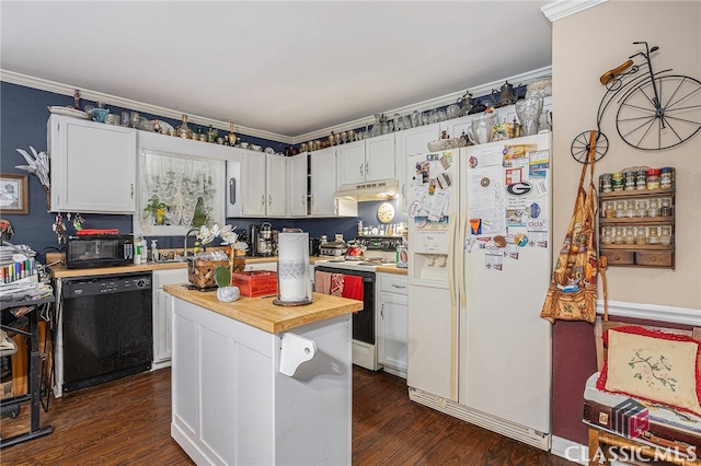 kitchen featuring white appliances, white cabinets, dark hardwood / wood-style floors, and wooden counters