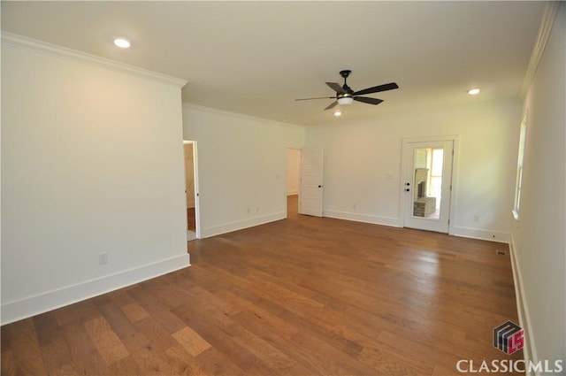 unfurnished room with wood-type flooring, ornamental molding, and ceiling fan