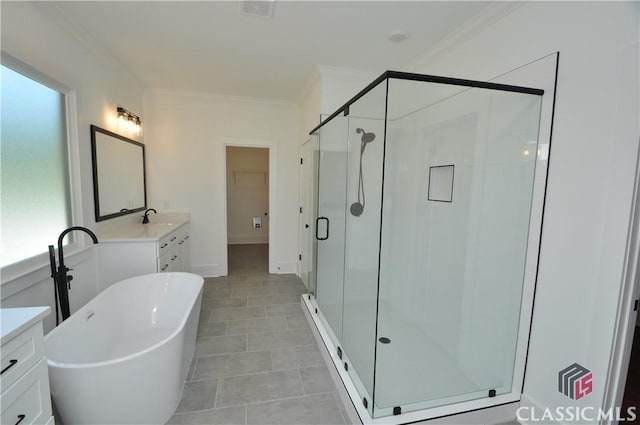 bathroom with ornamental molding, vanity, shower with separate bathtub, and tile patterned floors