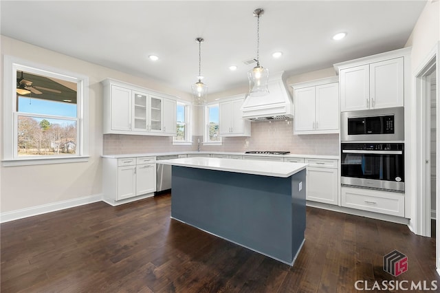 kitchen featuring backsplash, white cabinetry, dark hardwood / wood-style flooring, stainless steel appliances, and custom range hood