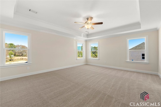 carpeted spare room featuring crown molding, ceiling fan, and a tray ceiling