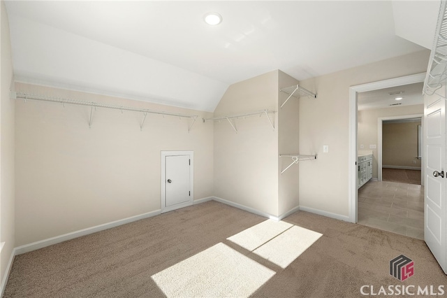 interior space featuring lofted ceiling, carpet, and a closet