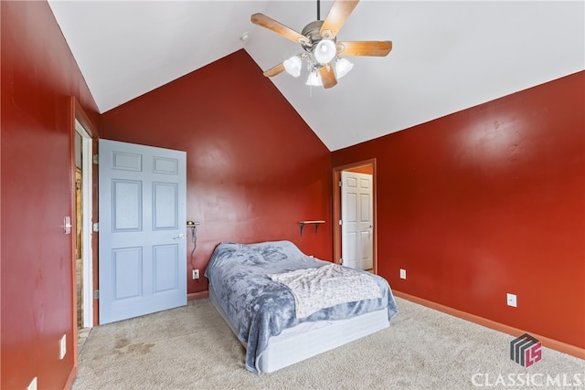 bedroom with high vaulted ceiling, carpet, and ceiling fan