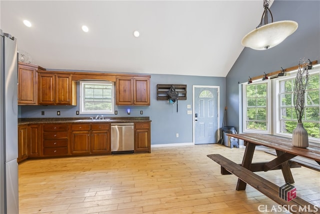 kitchen with a healthy amount of sunlight, light hardwood / wood-style flooring, decorative light fixtures, and appliances with stainless steel finishes