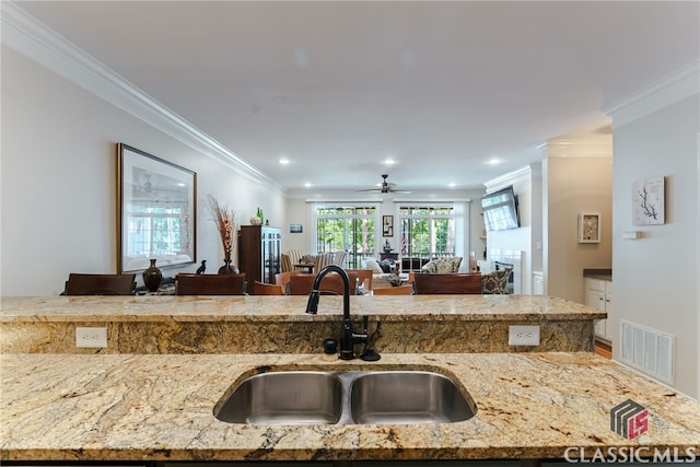 kitchen featuring light stone counters, ornamental molding, and sink