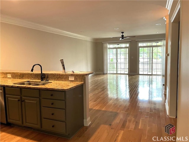 kitchen featuring hardwood / wood-style floors, ceiling fan, light stone counters, and sink