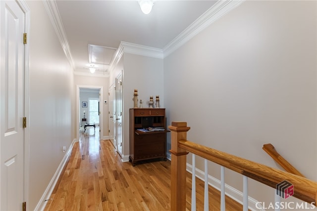 hall with light hardwood / wood-style floors and ornamental molding