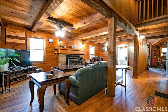 living room featuring wood walls, wooden ceiling, and hardwood / wood-style flooring