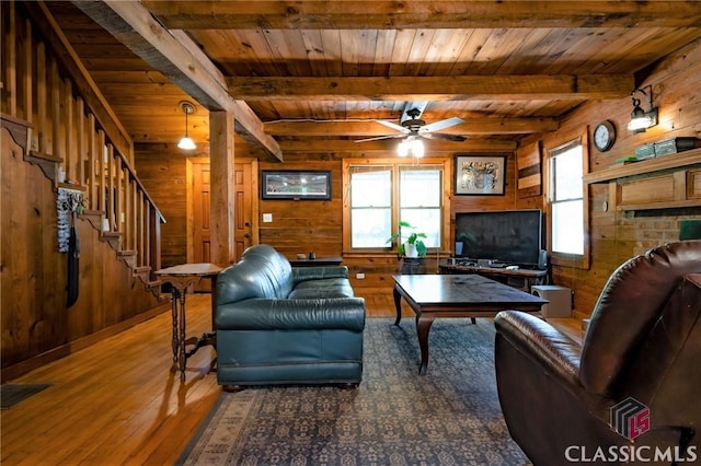 living room featuring wooden ceiling, dark wood-type flooring, wooden walls, ceiling fan, and beamed ceiling