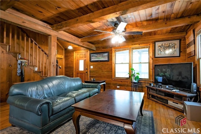 living room featuring wood ceiling, wooden walls, beamed ceiling, and light hardwood / wood-style floors