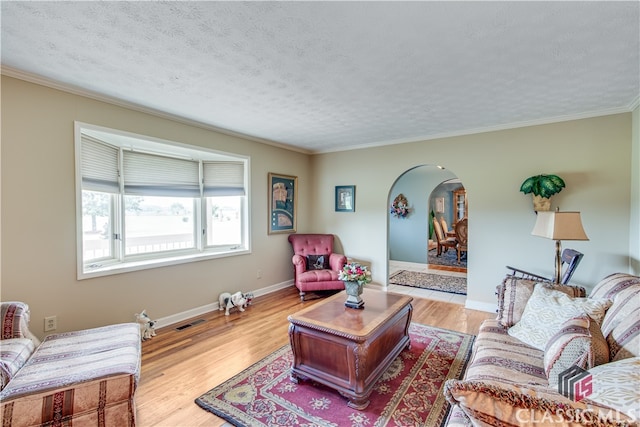 living room featuring ornamental molding, a textured ceiling, and light wood-type flooring