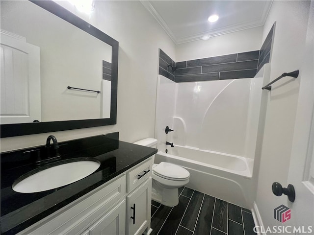 full bathroom featuring shower / bath combination, crown molding, toilet, and large vanity