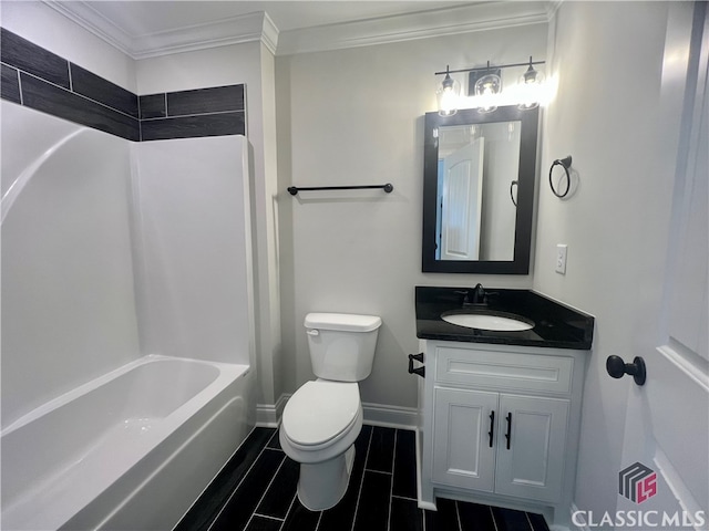 full bathroom featuring tile flooring, crown molding, oversized vanity, shower / tub combination, and toilet