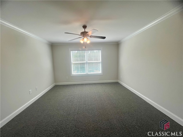 unfurnished room featuring carpet flooring, ceiling fan, and crown molding