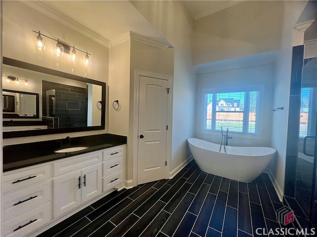 bathroom featuring crown molding, a bathing tub, and vanity