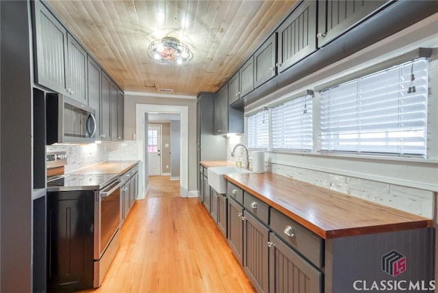 kitchen with appliances with stainless steel finishes, butcher block counters, wood ceiling, and a healthy amount of sunlight