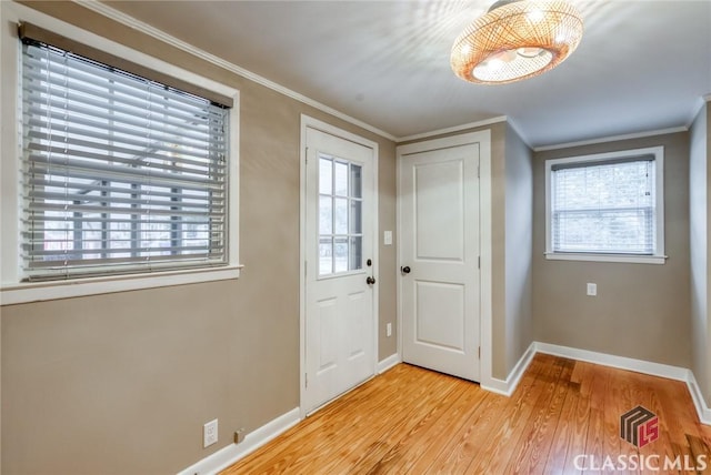 entrance foyer featuring light hardwood / wood-style floors, plenty of natural light, and crown molding