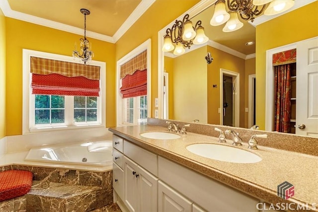 bathroom featuring tiled tub, vanity, and crown molding