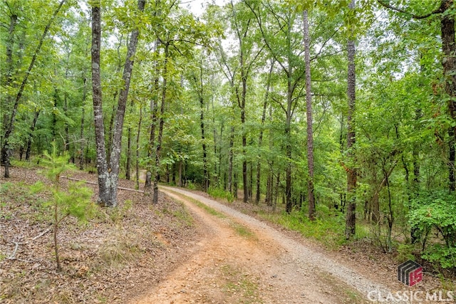 view of street with a forest view