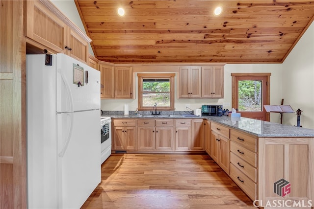 kitchen with wooden ceiling, light brown cabinetry, a peninsula, white appliances, and lofted ceiling