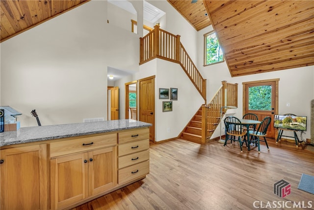 kitchen featuring a wealth of natural light, light wood-type flooring, high vaulted ceiling, and wooden ceiling