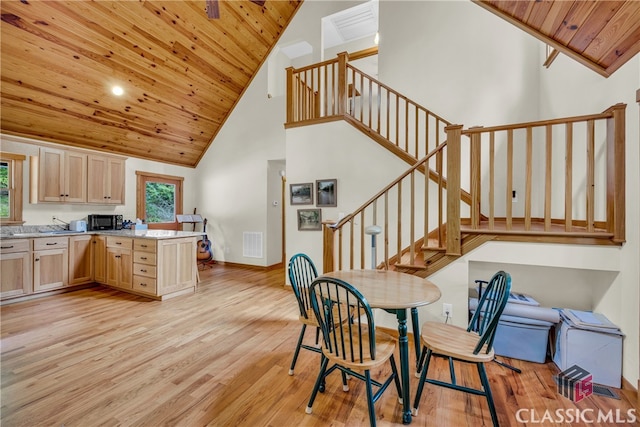 kitchen featuring light wood finished floors, wooden ceiling, light brown cabinets, high vaulted ceiling, and black microwave