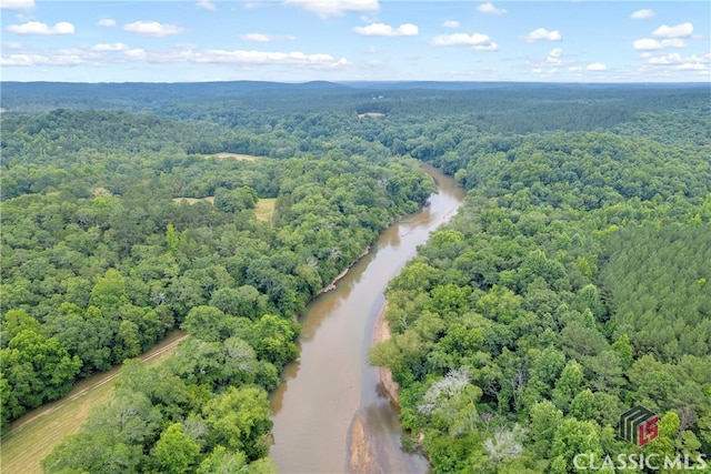 birds eye view of property featuring a water view and a forest view
