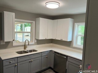 kitchen featuring a healthy amount of sunlight, white cabinetry, sink, and dishwasher