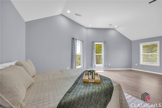 bedroom with hardwood / wood-style floors and lofted ceiling