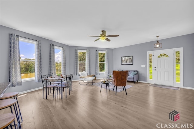 dining space featuring light hardwood / wood-style floors, a wealth of natural light, and ceiling fan