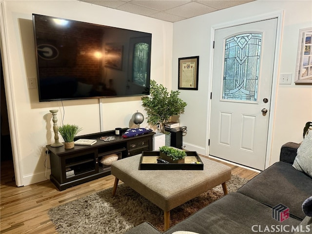 foyer entrance with a paneled ceiling and light hardwood / wood-style flooring