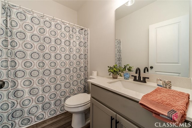 bathroom featuring toilet, vanity, and hardwood / wood-style floors