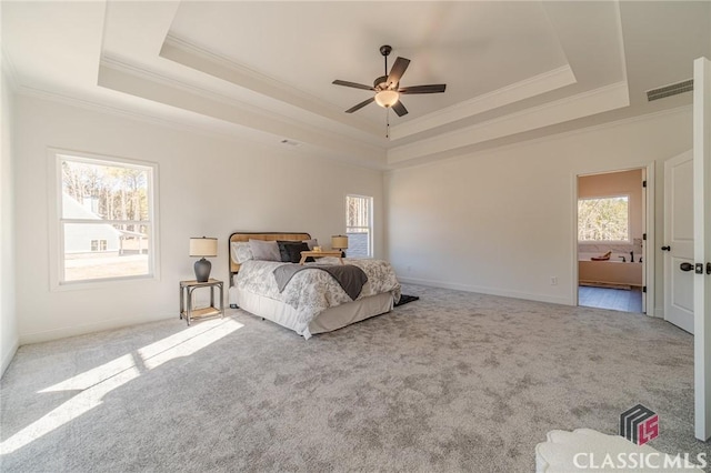 carpeted bedroom with a raised ceiling, ceiling fan, and ornamental molding