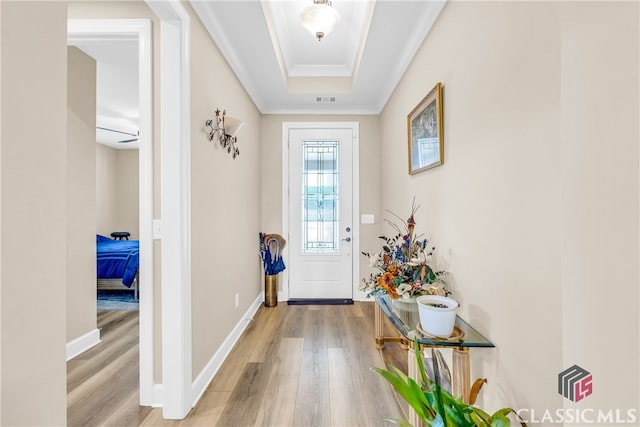 entrance foyer with a raised ceiling and light hardwood / wood-style floors