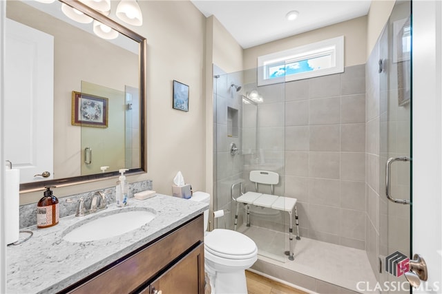 bathroom with vanity, toilet, and walk in shower