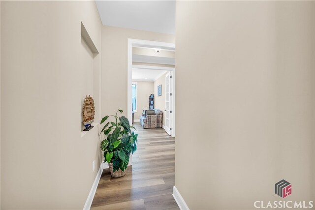 hallway with light hardwood / wood-style flooring