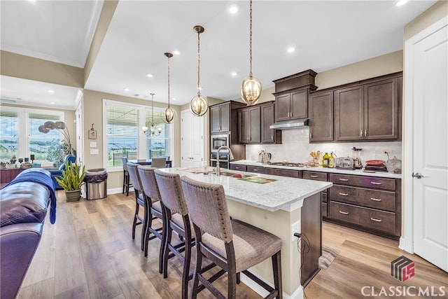 kitchen with a kitchen island with sink, hanging light fixtures, sink, and light hardwood / wood-style floors