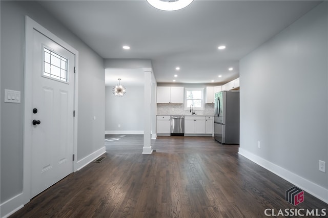 unfurnished living room with sink and dark wood-type flooring