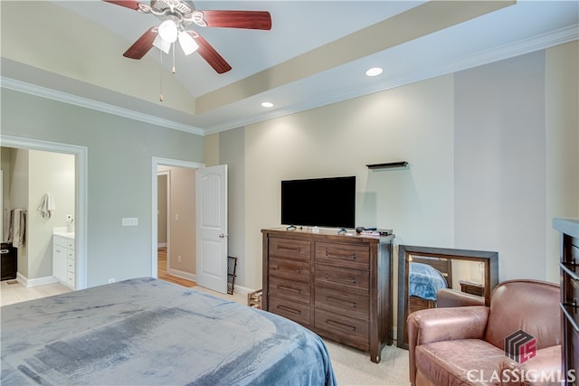 bedroom featuring crown molding, vaulted ceiling, ceiling fan, and ensuite bathroom