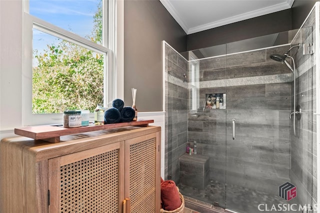 bathroom with walk in shower and crown molding