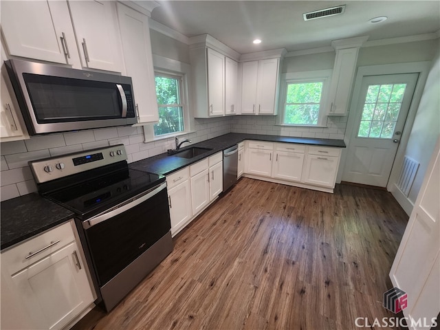 kitchen featuring stainless steel appliances, white cabinetry, dark hardwood / wood-style floors, and a healthy amount of sunlight