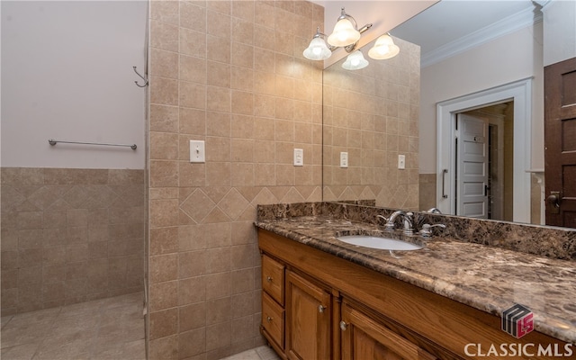 bathroom with a bathing tub and tile walls