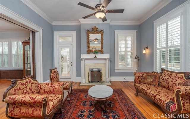 bathroom featuring vanity, ornamental molding, hardwood / wood-style flooring, plus walk in shower, and an inviting chandelier