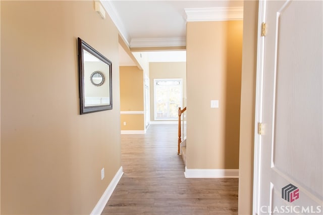 hallway with hardwood / wood-style flooring and crown molding