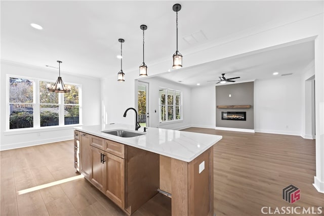 kitchen with pendant lighting, sink, hardwood / wood-style flooring, ornamental molding, and an island with sink