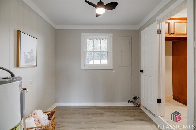 1471 Lenru Rd, Bogart, GA 30622 - laundry room featuring light wood-style flooring, baseboards, a ceiling fan, and water heater