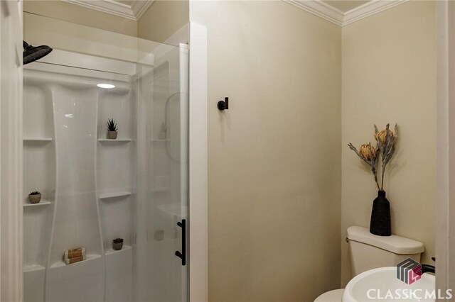 1471 Lenru Rd, Bogart, GA 30622 - full bathroom featuring toilet, crown molding, and a stall shower