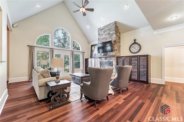 living room with baseboards, wood finished floors, ceiling fan, and a stone fireplace