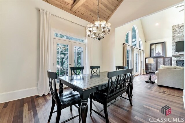 dining room with wooden ceiling, an inviting chandelier, high vaulted ceiling, french doors, and dark wood-type flooring