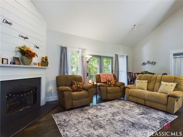 living room featuring lofted ceiling and dark hardwood / wood-style flooring